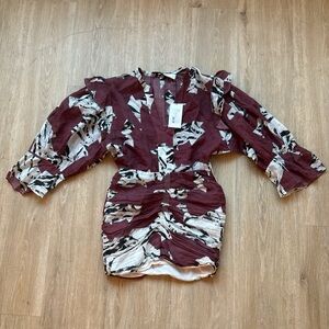 NWT IRO Maroon and Cream Abstract Printed Mini Dress With Ruffle Sleeves 1